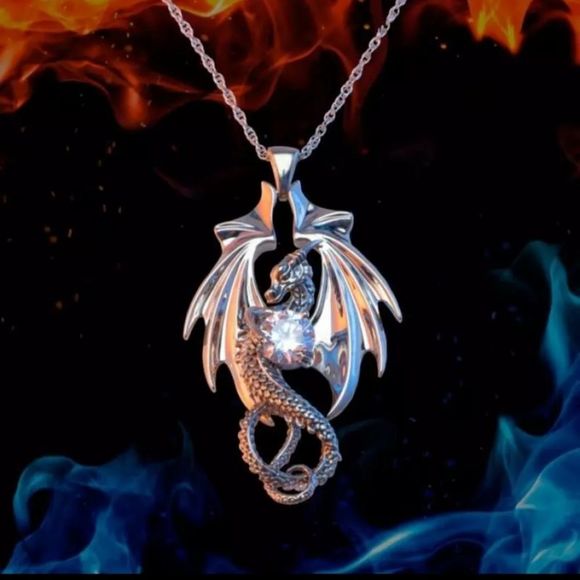 Silver titanium and simulated diamond dragon goth fantasy punk necklace new - Picture 5 of 7